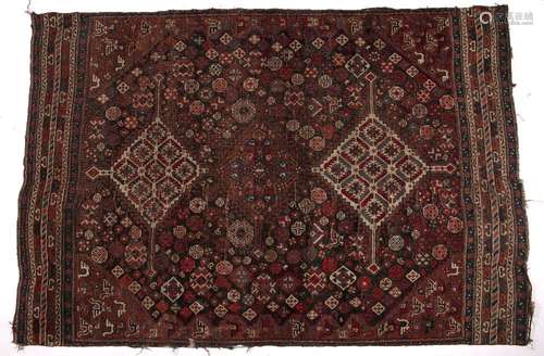 Caucasian dark blue ground rug with two medallions and panels of stylised birds to the border, 188cm