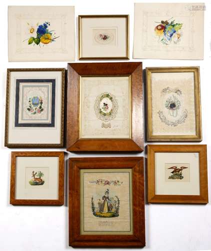 Collection of Victorian Valentine and other embossed cards some framed, and a pair of unframed