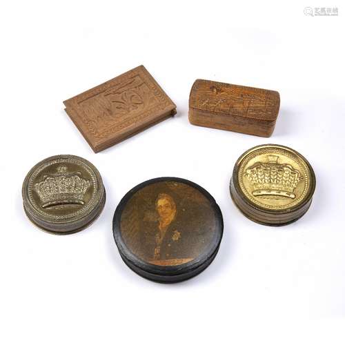 Two similar gilt metal circular seal boxes a 19th Century papier mache snuff box, a Swedish birch