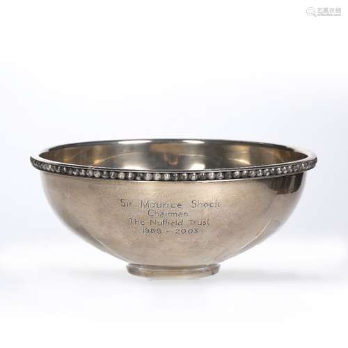 Large silver presentation bowl with beaded edge, bearing Marks for Mappin & Webb, London, 2001, with