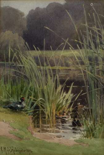 Georgina De L'Aubiniere (1848-1930) 'Duck pond' watercolour, signed and dated 1894 lower left,