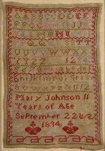 Antique needlework alphabet sampler worked in coloured threads, 'Mary Johnson 11 years of age