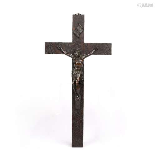 Oak crucifix with bronze model of Christ, 16cm x 31cm