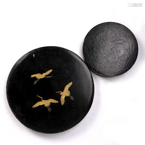 Satsuma hor d'hoeuvres set in a case, Japanese, 31cm and a Burmese incised lacquer box 20cm (2)