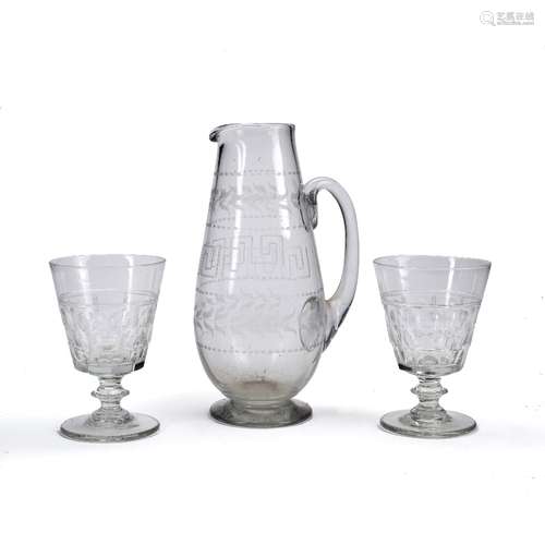 Victorian etched glass jug or ewer with Greek key motif, 22cm high and a pair of cut glass