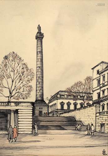 English School Duke of York's Column and Steps, London, pen, ink and wash, signed with monogram