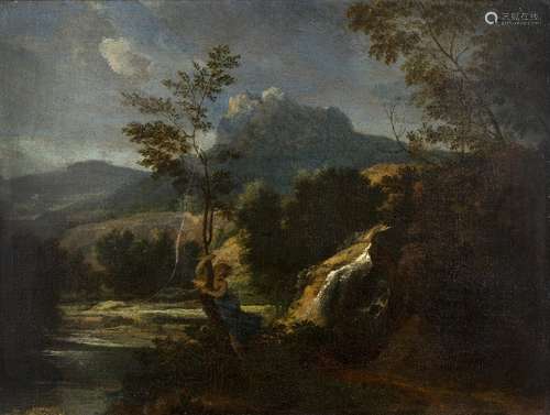 After Nicholas Poussin (French, 1594-1665) A windswept landscape with a girl clinging to a tree, oil