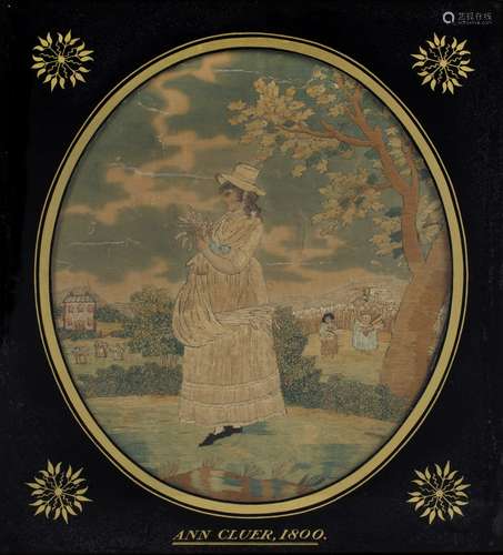 Two silkwork oval studies early 19th Century, each depicting shepherd girls and one marked Ann