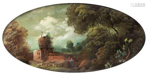 Italian / French School Oval landscape scene, oil on copper, in an ormolu frame with ribbon tie,