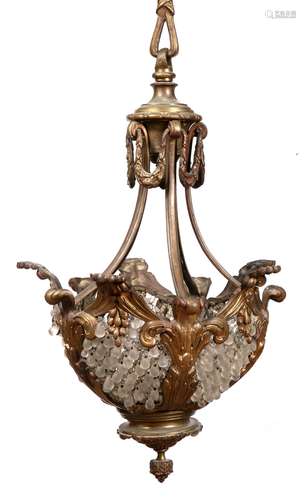 Gilt metal centre light French, circa 1900, with rope style column, scroll decoration and beaded