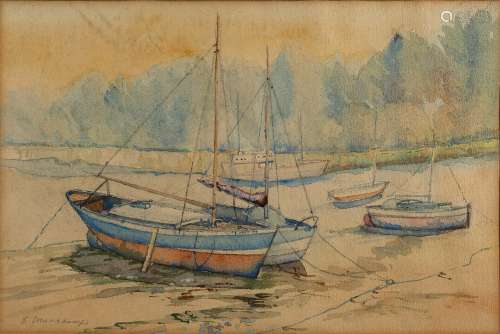 S. Muschamp (20th Century School) 'Boats' watercolour, signed lower left, 25cm x 38cm