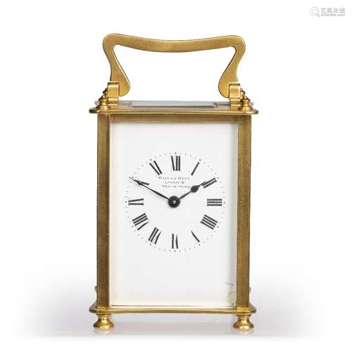 French brass carriage timepiece retailed by Mappin and Webb, 10cm high