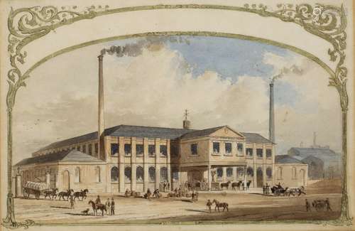 19th English School A study of Southsea Biscuit Factory, watercolour, with various hoses, carts