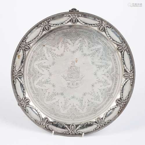 Large Victorian silver salver with husk and swag decoration, standing on three feet, bearing marks