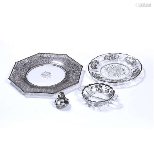 Three glass serving dishes with silver or white metal filigree overlay, two marked 'Sterling', the