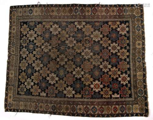 Shirvan blue ground rug with large rectangular panel of foliate motifs, 123cm x 154cm