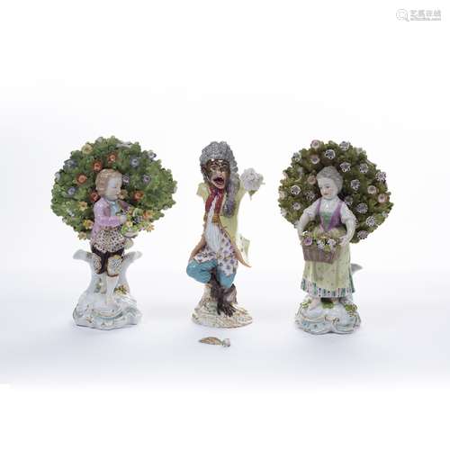 Pair of English porcelain figures 'Flower Sellers' unmarked, 17cm high and a Meissen porcelain model