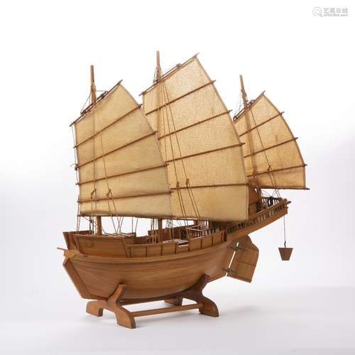 Handmade or scratch built model of a Chinese Junk on bespoke wooden stand, 53cm x 50cm approx