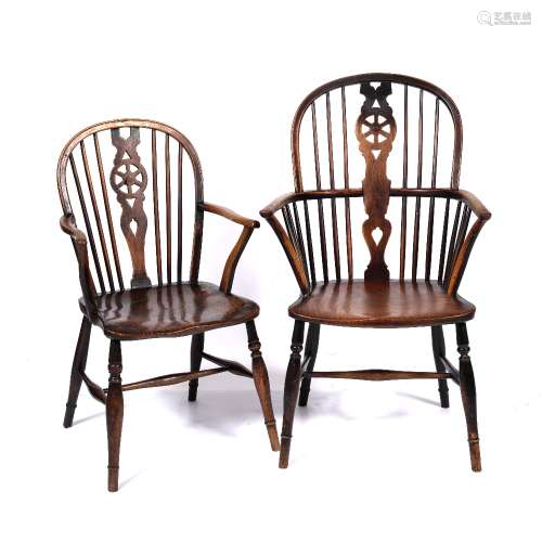 Elm and ash Windsor chair early 19th Century, 100cm high, 60cm across and a smaller wheel-back