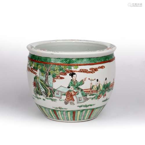 Chinese famille verte fish bowl Chinese, decorated to the exterior with a mother and children in a