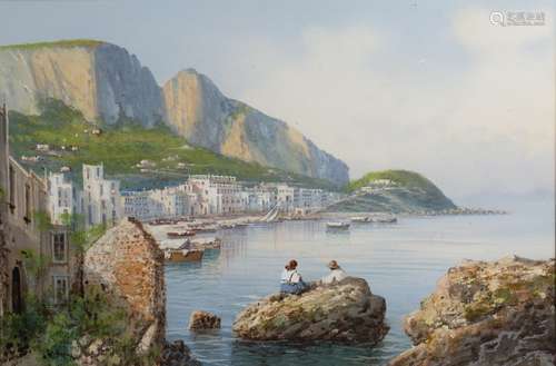 Y Gianni (Italian, 19th/20th Century) The Bay of Naples with figures seated on rocks and surveying