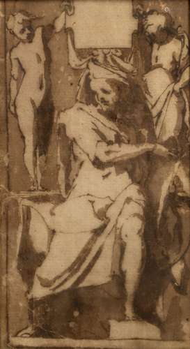 17th Century Italian School Figure study with vacant cartouche, pen, ink and sepia wash drawing,