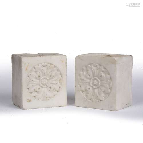 Pair of white marble bookends 19th Century, of rectangular form carved with acanthus leaf rosette,