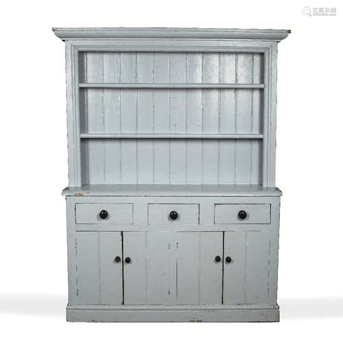 Painted pine dresser fitted with drawers, cupboards and open shelves above, 148cm wide x 199cm high