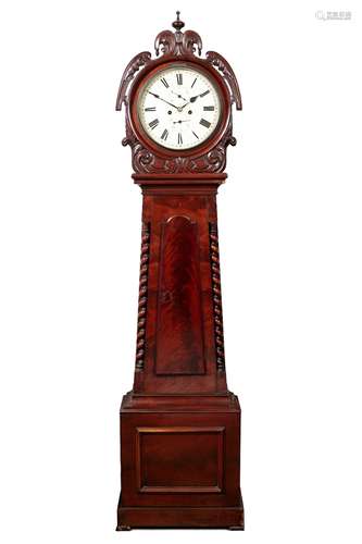 Scottish 8 day longcase clock a flame mahogany 'drumhead' case, the painted dial with Roman numerals