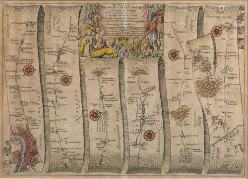 Pair of Antiquarian road maps 'London to Aberistwith' (sic) engraved by John Ogilby with later