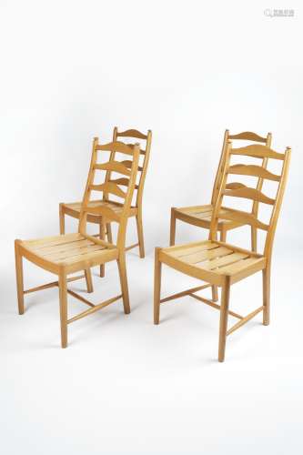 Four Ercol country style ladderback chairs labels to the underside, 100cm high