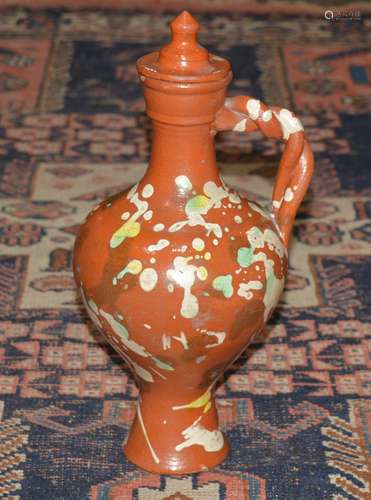 Pottery Channakale jug Turkish, of baluster form with painted decoration, 34cm high