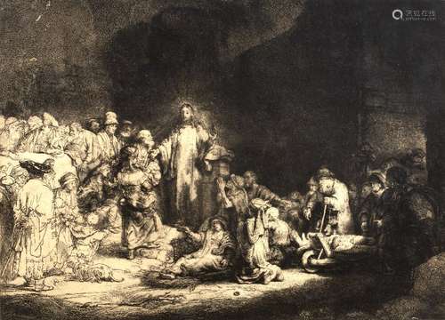 After Rembrandt van Rijn (1606-1669) Christ healing the sick, monochrome print, 29cm x 39cm