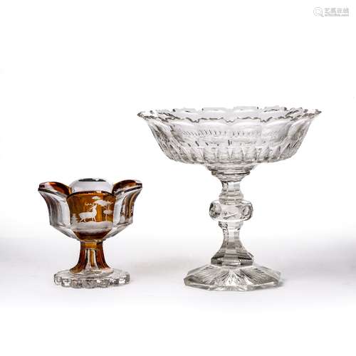 Two cut glass tazzas of pedestal bowls the largest a possibly Irish cut glass example 22cm high, the