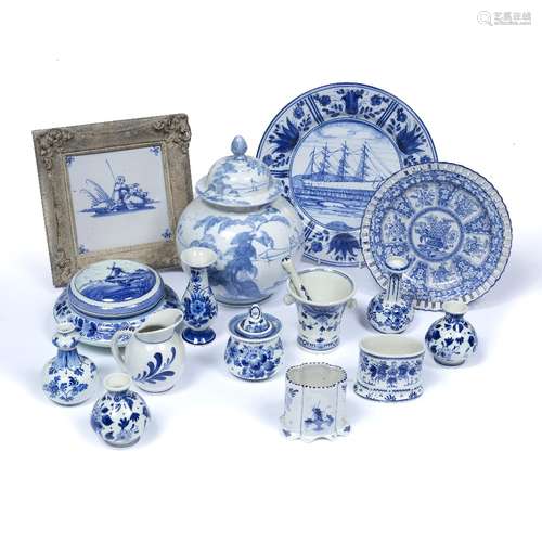 Collection of contemporary Delft pottery to include: ginger jar and cover, framed tile, pot and