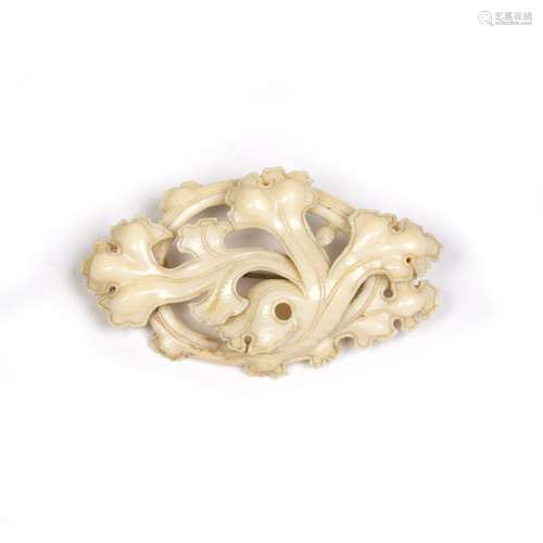 19th Century ivory brooch depicting scrolling leaves, with later bar back fitting, 5cm approx