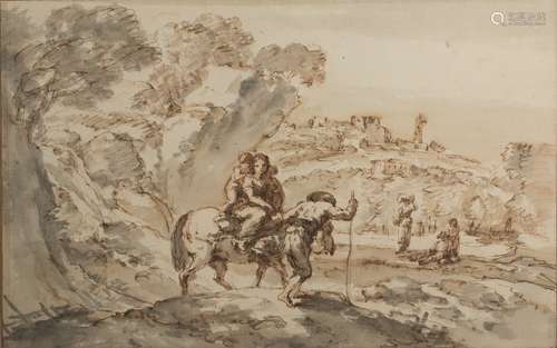 Francesco Zuccarelli (Italian, 1702-1788) Weary travellers on a path, brown wash and ink,16.5cm x