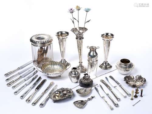 Collection of silver and white metal pieces to include: pair of posy vases, porringer, silver