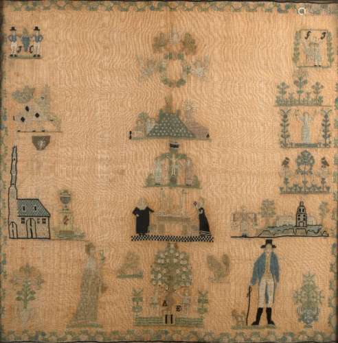Adam & Eve needlework sampler early 19th Century, worked in coloured threads, unsigned and