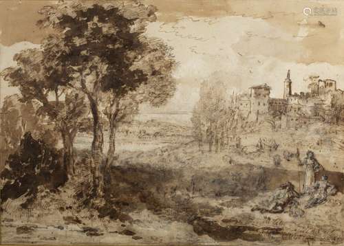 Francesco Zuccarelli (Italian, 1702-1788) An Italian landscape with figures resting and distant town