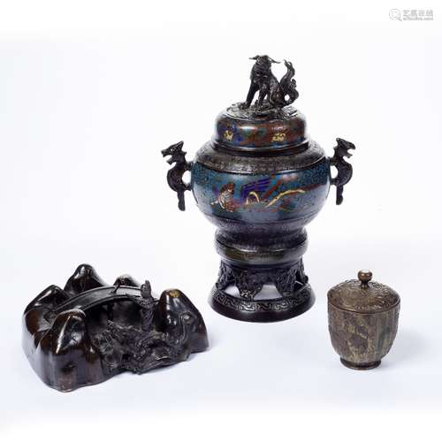 Cloisonne incense burner Chinese, in the form of a vase and cover with kylin finial, 29cm high, a