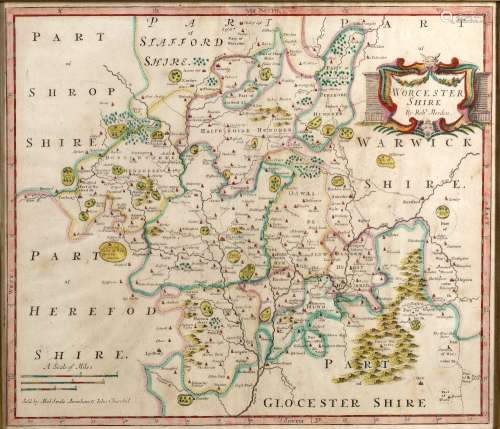 Antiquarian map of Worcestershire engraved by Robert Morden with later hand coloured decoration,