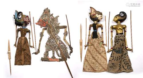 Javanese leather shadow puppet 81cm, and three painted wooden Javanese puppets, 53cm - 69cm, (4)