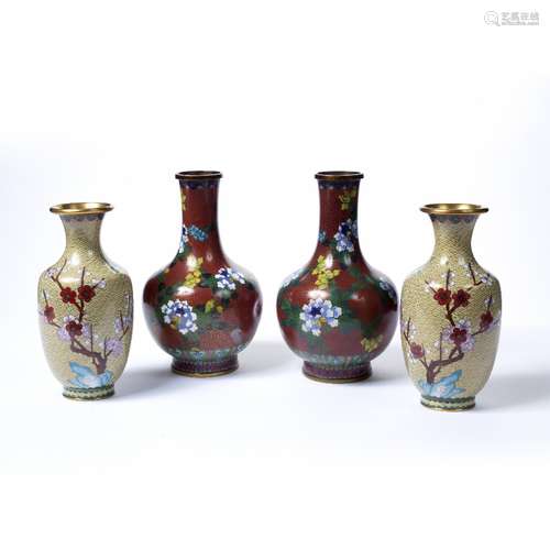 Pair of cloisonne vases Chinese, 20th Century, on red ground with peonies, 23.75 cm high and one