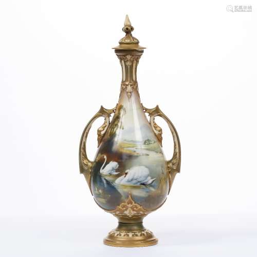 Royal Worcester vase with hand painted decoration of swans on a river, signed by William Powell,