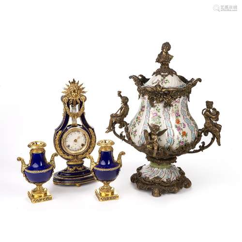 Pottery vase and cover with gilt metal mounts, French style, 54cm high and a French style