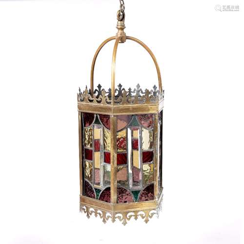 Hexagonal hall lantern with stained glass panels and pierced fret, 58cm high overall