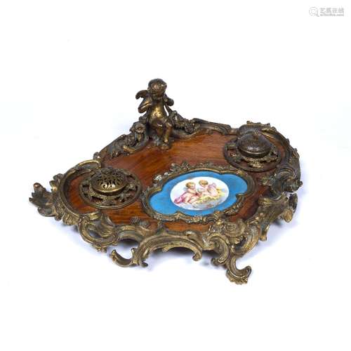 Kingwood and gilt metal desk stand French, 19th Century with inset quatrefoil porcelain plaque