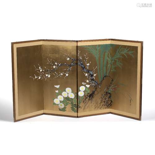 Contemporary four fold screen Japanese, painted with birds and blossom on a gold ground, 184cm x