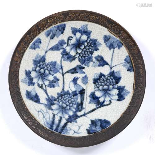 Crackleware charger Chinese, 19th Century, painted with birds and peonies, 37.5cm across